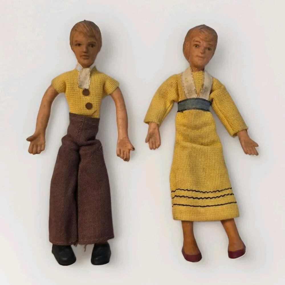 Vintage German Caco Style Dollhouse Couple Bendable Man Woman Dolls 5 Inch
